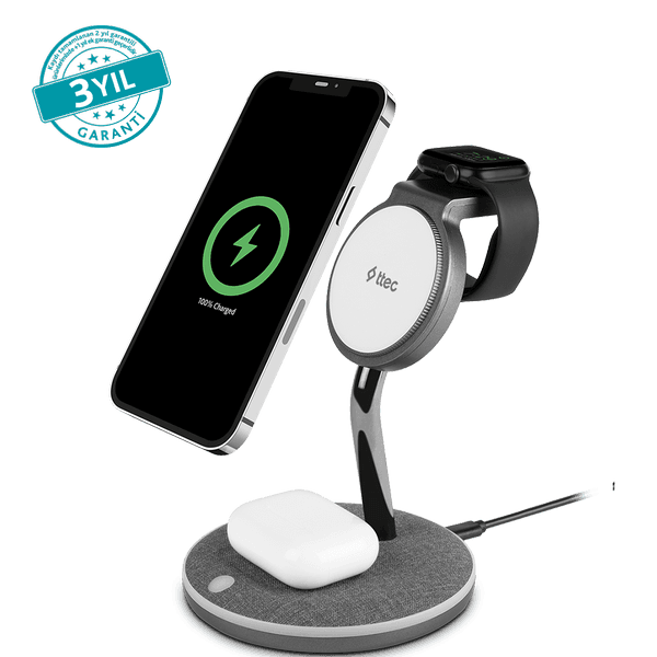 ttec AirCharger Trio M MagSafe Uyumlu 3’ü 1 Arada iPhone + Apple Watch + AirPods Kablosuz Şarj Standı